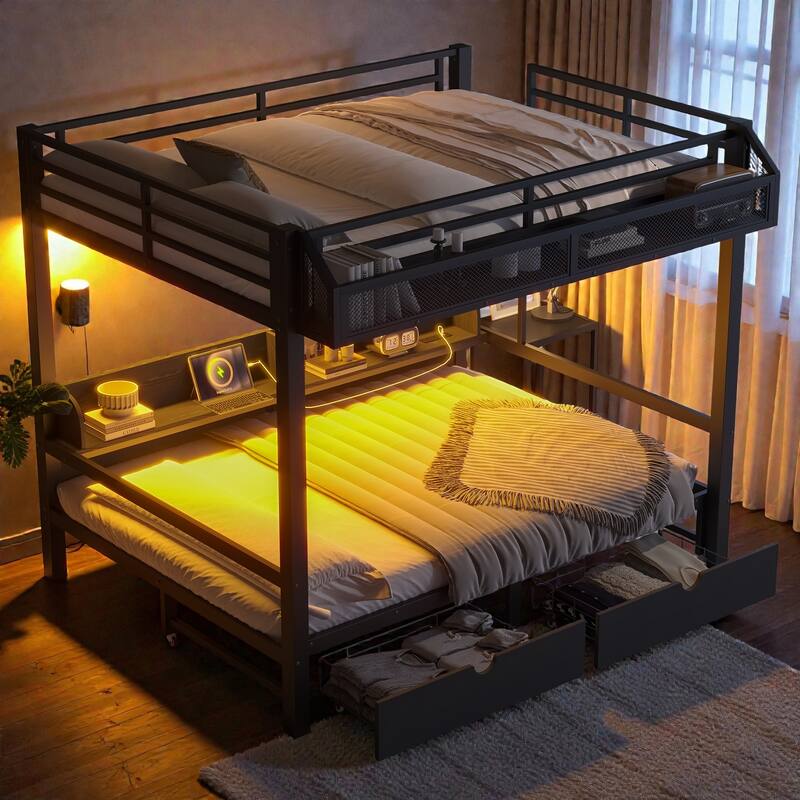 Metal Bunk Bed with Storage Shelves, Drawers, USB Ports, LED Lights & Convertible Lower Bed Sofa Design - Black - Queen