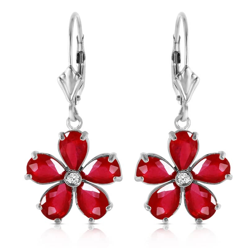 14K Solid Gold Leverback Earrings w/ Natural Rubies & Diamonds - White