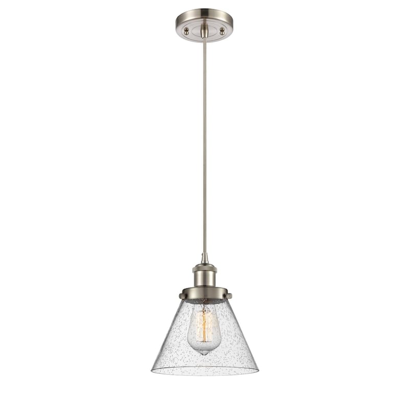Innovations Lighting Large Cone 8" Wide Mini Pendant - Cord Hung - Brushed Satin Nickel / Seedy