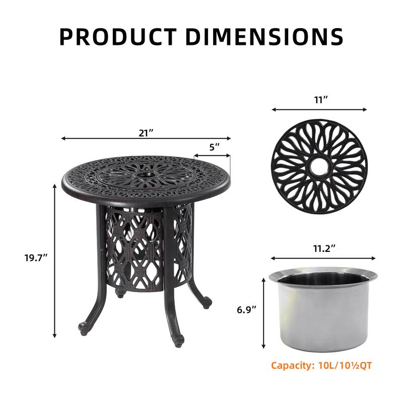 21"Side table With Removable Ice Bucket- Rustproof Cast Aluminum Frame, Hand-Brushed Finish, Food-Grade 304 Stainless Steel