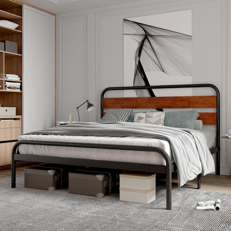 Platform Bed Frame with Wood Headboard, Heavy Duty Metal Slat Support, Noise Free Design