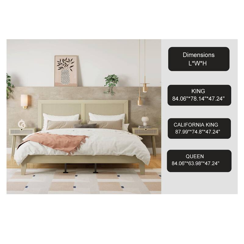 Roomfitters Solid Wood Platform Bed Frame, Bohemian Rattan Headboard Foundation with Supportive Slats, Natural Wood
