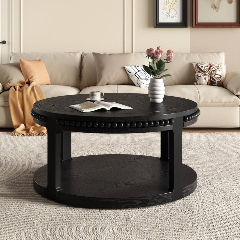 Round Solid Wood Coffee Table, Two-Tier Design with Sturdy Construction for Living Room Elegance