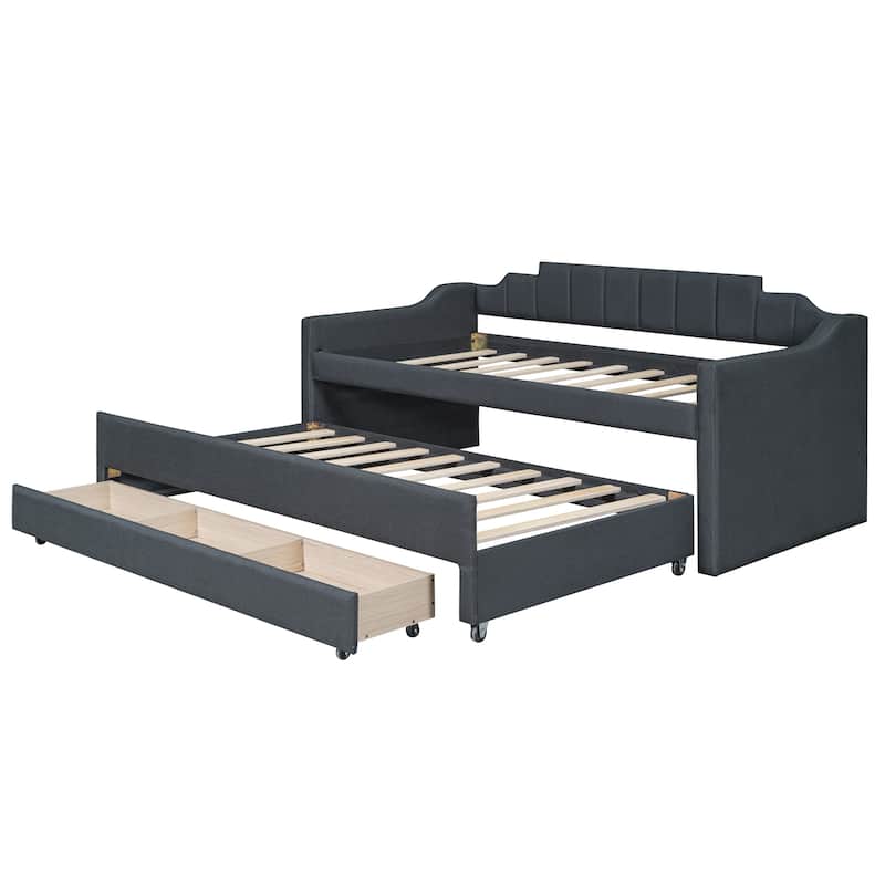 Grey Modern Style Upholstered Daybed with Trundle, Three Drawers, Easy Assembly, Twin Size
