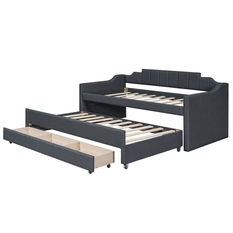 Twin Size Upholstered Daybed with Trundle and Three Drawers in Grey