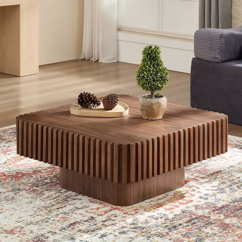 Modern Handcraft Square Coffee Table with Fluted Design - Walnut