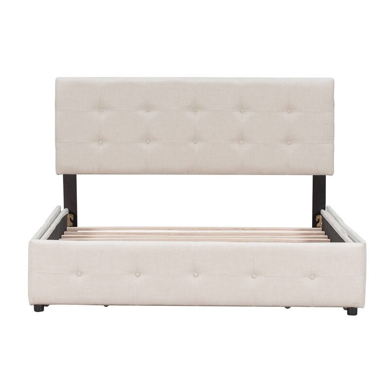 Queen Upholstered Bed Frame with 4 Drawers, Linen Fabric Platform Storage Bed with Classic Headboard and Wooden Slats Support