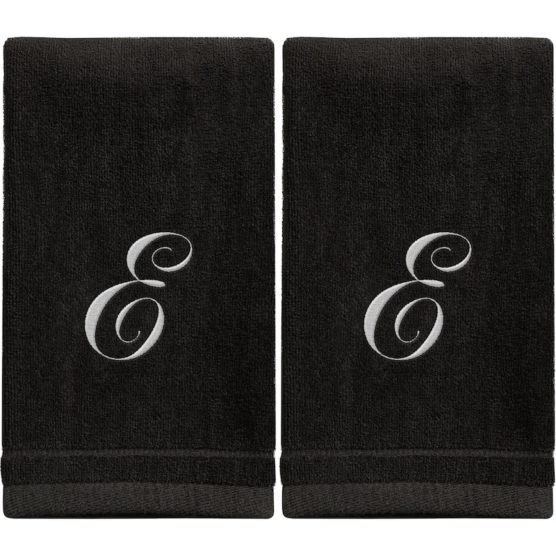 Monogrammed Black Towels Fingertip Embroidered with Initials - E