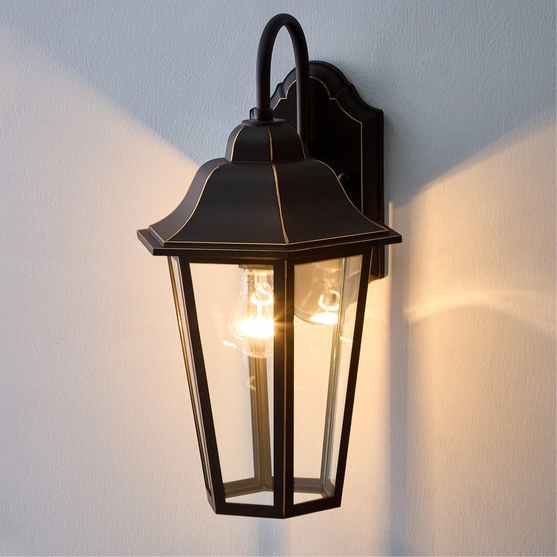 KAWOTI 1-Light Oil-Rubbed Bronze Traditional Outdoor Wall Lantern Sconce with Gold Accents and Clear Glass