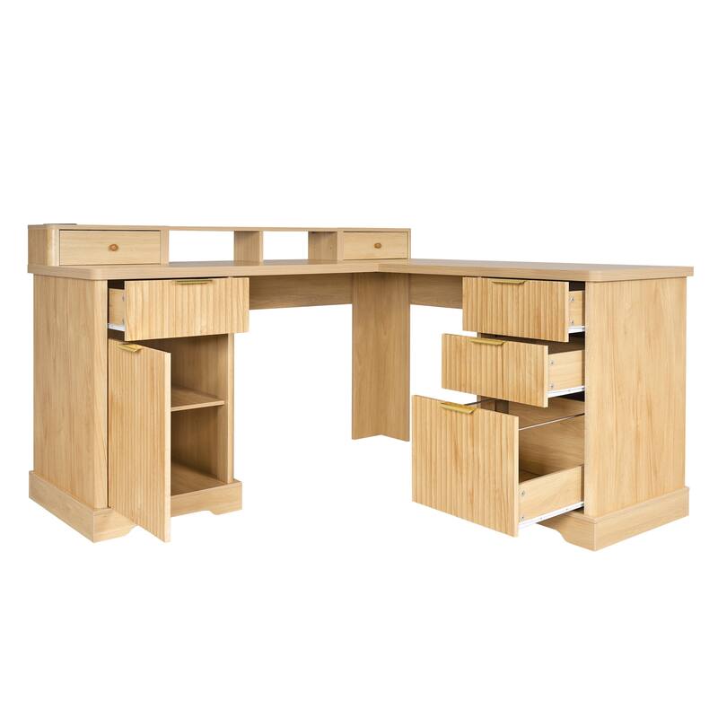 Roomfitters 59" Modern Fluted L-Shaped Desk with Charging Station, Monitor Stand & File Drawer