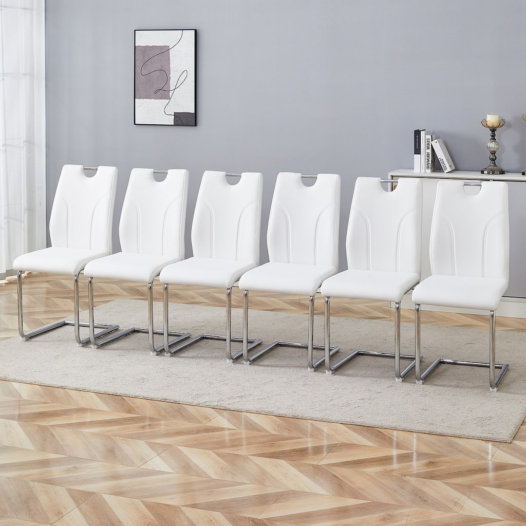 Set of 6 Dining Chairs, PU Material, Paired with Silver Metal Chair Legs. Suitable for Offices, Restaurants, Kitchens