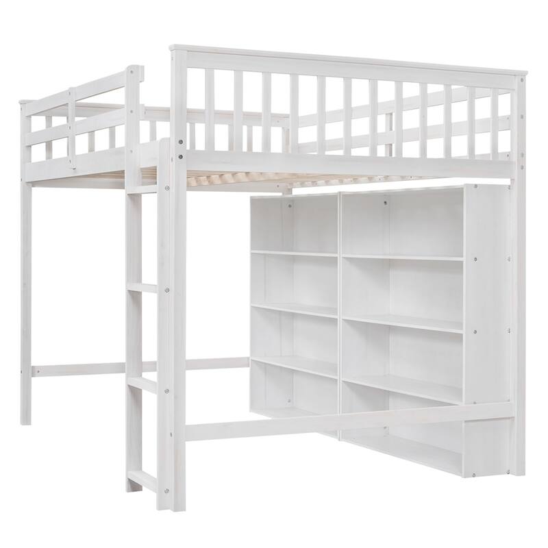 Full Size Wood Loft Bed w/ 8 Open Storage Shelves and Built-in Ladder