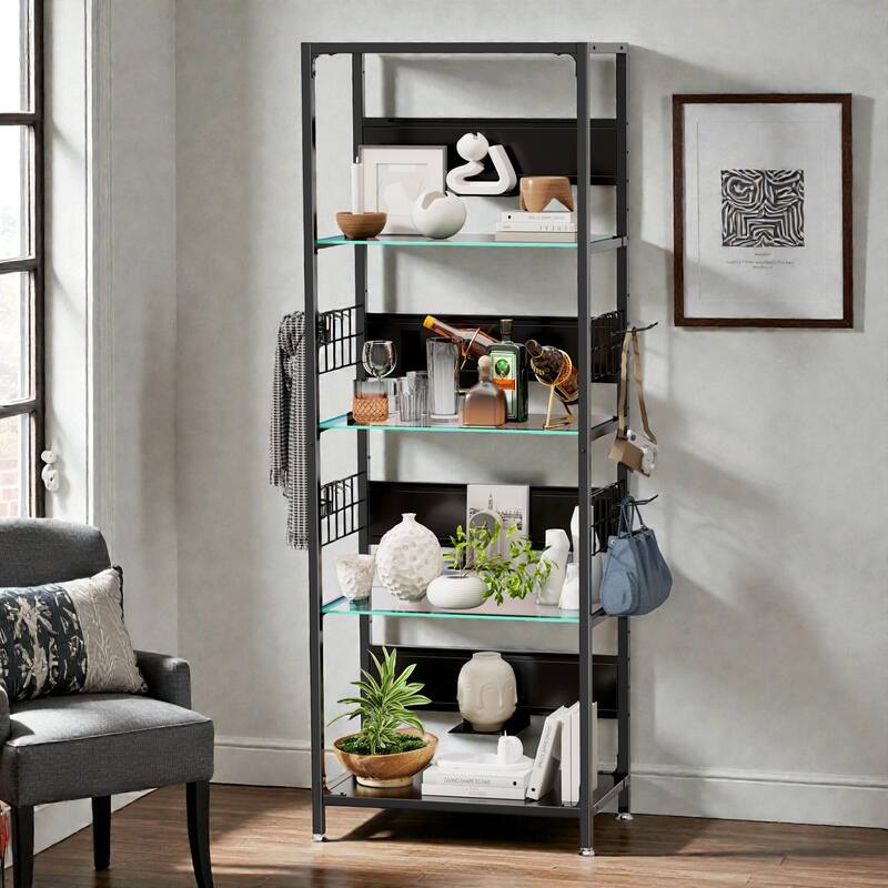 4 Tier Glass Display Shelf with RGB LED Lights, Metal Standing Curio Shelf with Adjustable Box and Hooks