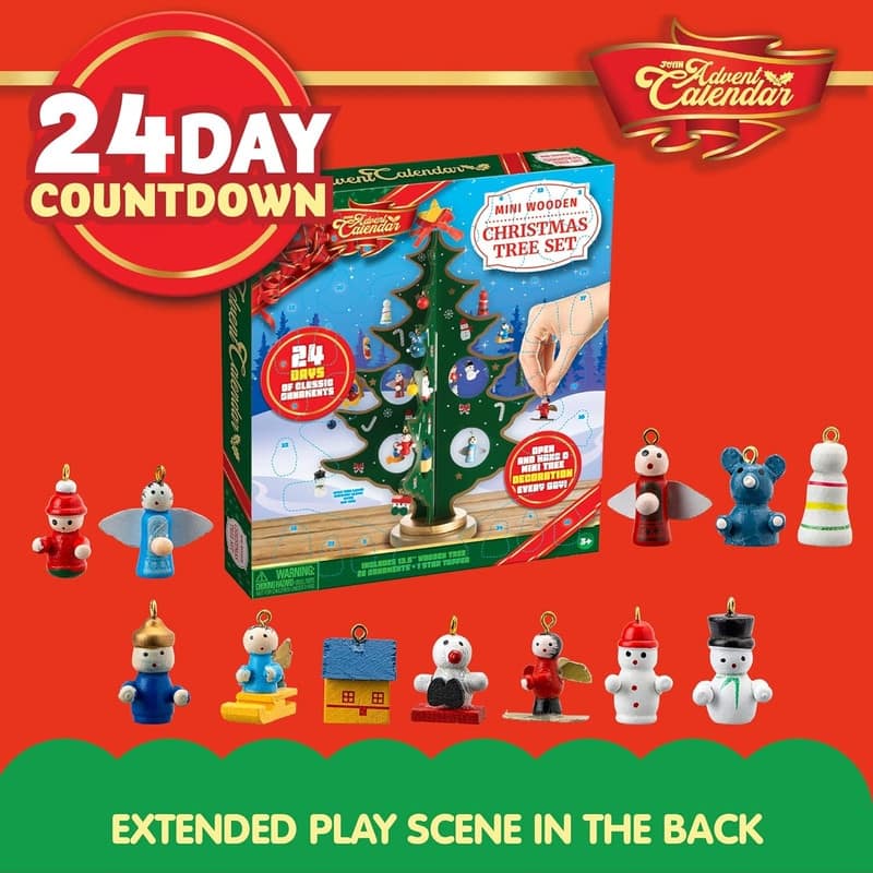 Joyfy 24 Days Countdown Advent Calendar, Tabletop Wooden Christmas Tree and 28 Ornaments - Multicolor