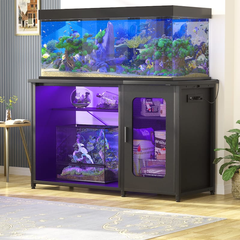Aquarium Stand with USB Port and LED Light, Fish Tank Stand with Cabinet
