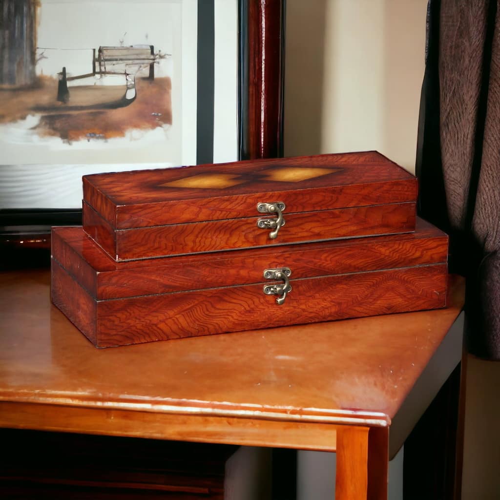 Brown Wooden Burlwood Veneer Diamond Design Storage Boxes (Set of 2)