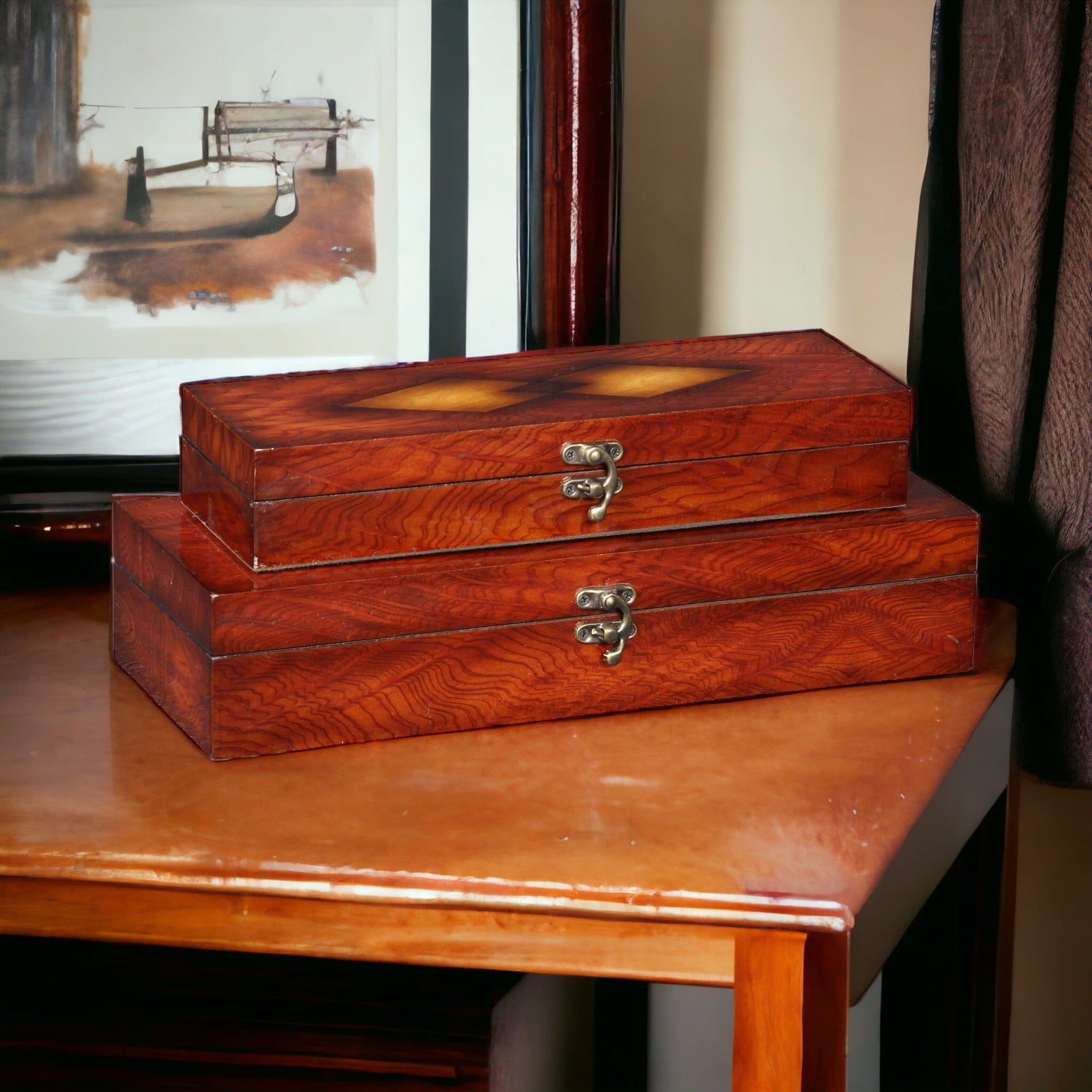 Brown Wooden Burlwood Veneer Diamond Design Storage Boxes (Set of 2)