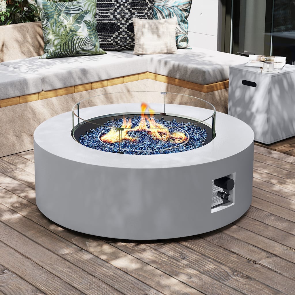 Patio Watcher Outdoor 42in./56in. Iron Fire Pit Table with Propane Tank Cover and Glass Wind Guard