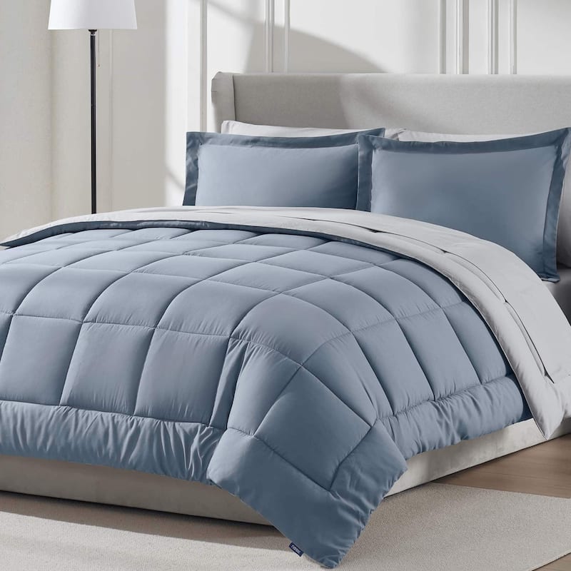 Emperyan Reversible Comforter Set Bed in a Bag with Cooling Pillow - Stone Blue/California King - California King