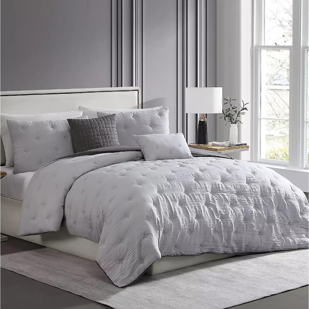 Queen Size - 5 Piece Grey Modern Embroidery Comforter Set Soft Bedding