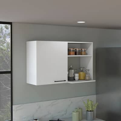 Stackable Wall Storage Cabinet 24" H, Two Internal Shelves, Two External Storage Shelves, One Door, White