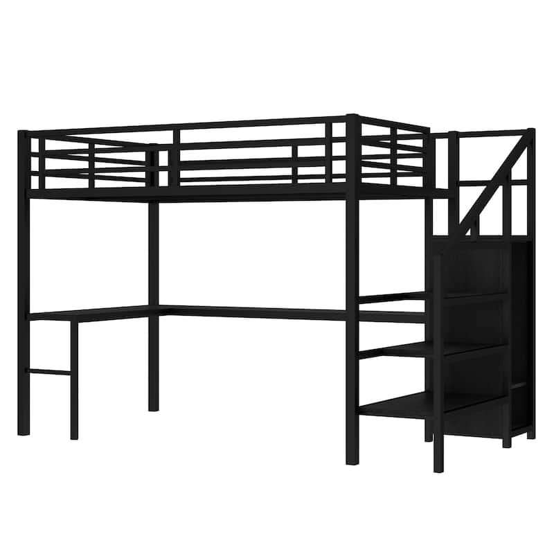 Metal Loft Bed with L-shaped Desk, Wardrobe and LED