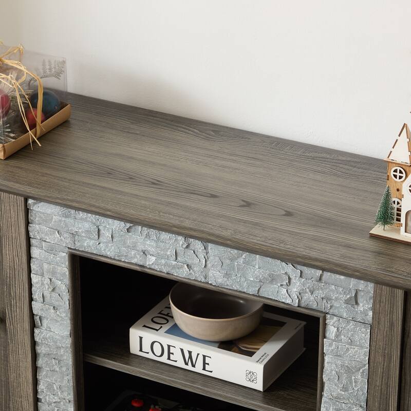 TV Stand with Cable Management Cutouts, Faux Stone Media Console Cabinet, 2 Door Entertainment Center for TVs up to 65''