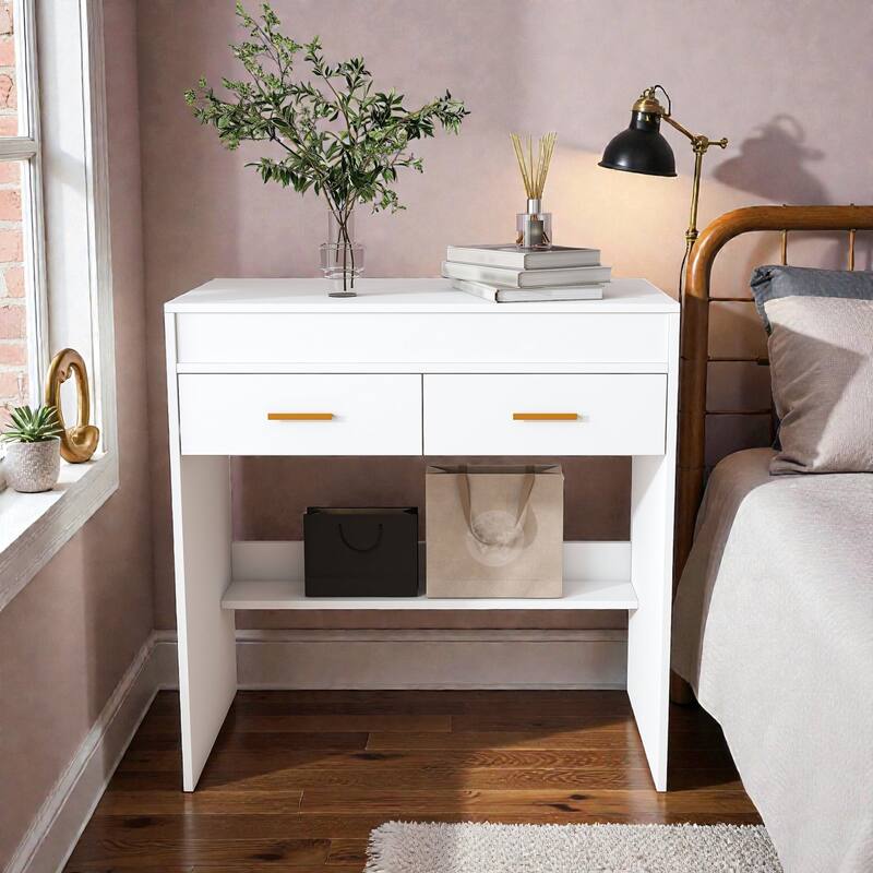 Flip Top Vanity Desk with LED Lighted Mirror and Power Outlet, Makeup Vanity Table with Drawers and Storage - White