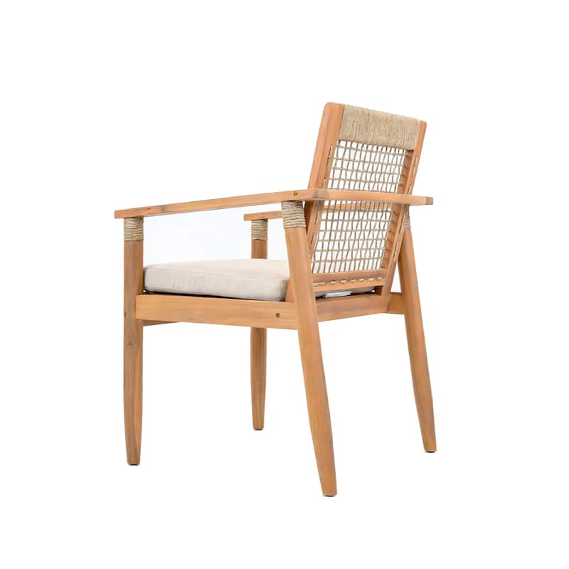 Christopher Knight Home - Caldera Outdoor Acacia Wood Patio Dining Chairs with Rope Woven Backrest and Cushions, Set of 2