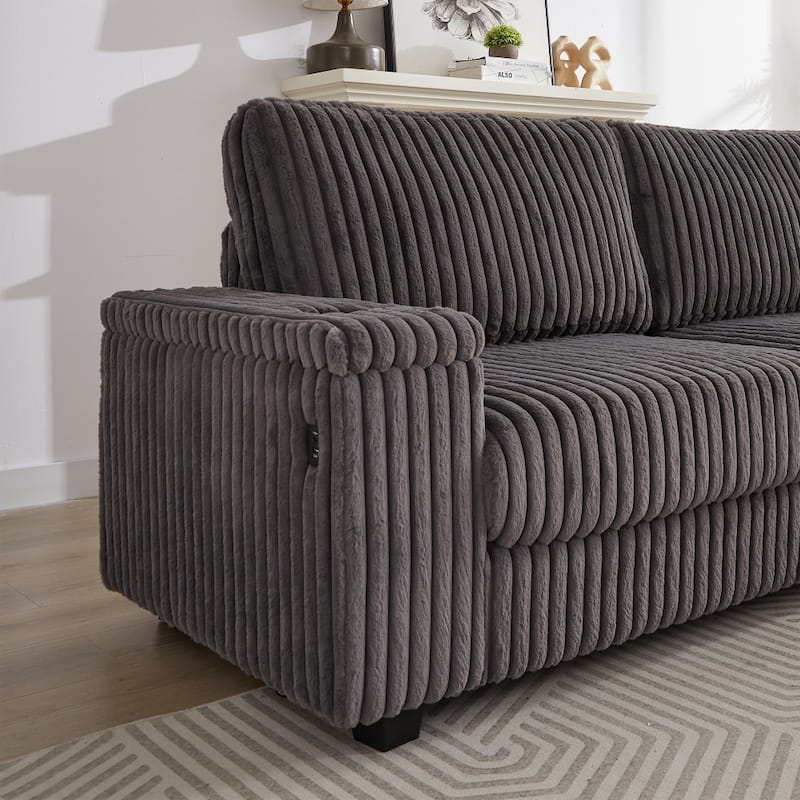 110" Oversized L-Shaped Corduroy Corner Sofa with Two USB Ports and Two Cup-holder