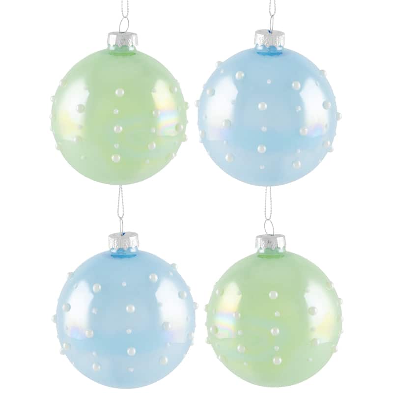 Shiny Glass Ball Christmas Ornaments with Pearl Drops - 3" (80mm) - Blue and Green - 4ct