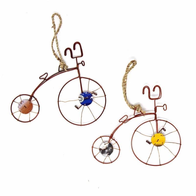 Recycled Handmade Old-Fashioned Wire Bicycle Ornament, Set of 2