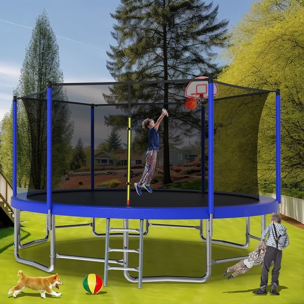 slide 2 of 23, 16 ft. Round Outdoor Trampoline with Enclosure Net and Basketball Hoop 192" x 192"