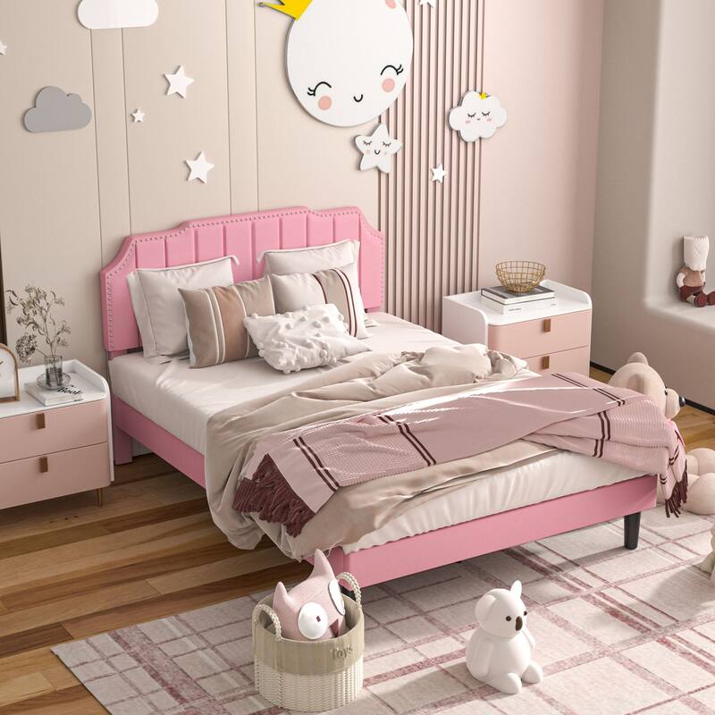 VECELO Upholstered Bed Frame with Nailhead Trim Adjustable Height Headboard, Twin/Full/Queen Size Bedframes