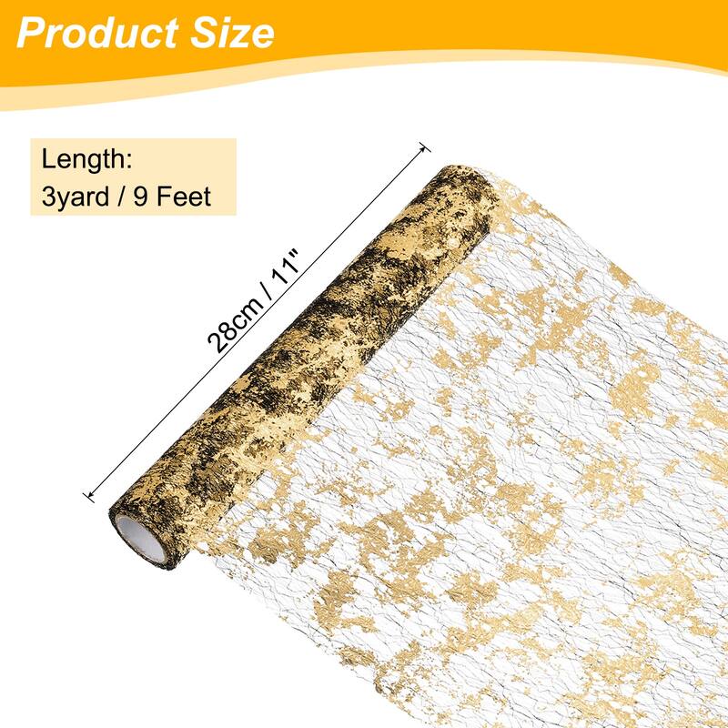 Table Runner, Sequin Gold Foil Thin Mesh Metallic Table Runner - Black Gold - 9 Feet