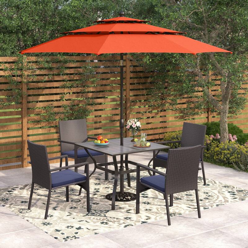 Seats up to 4 Outdoor Dining Sets, 37" Square Metal Bistro Table with Umbrella Hole and 4 Rattan Garden Chairs - +Red Umbrella
