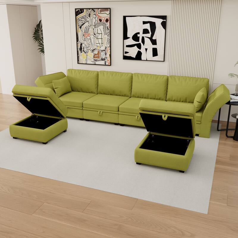 6-Seat U-Shaped Modular Reversible Sectional Sofa with Storage Ottoman