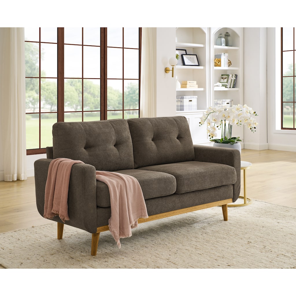 67.7" Wide Mid-Century Modern Upholstered Tufted Loveseat Sofa in Brown Polyester with Wooden Legs