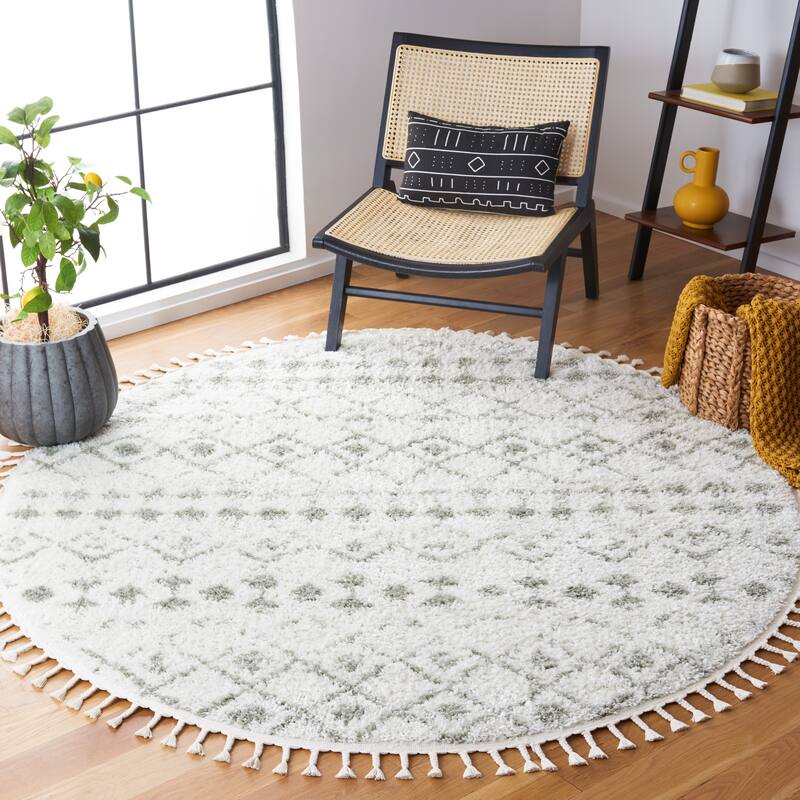SAFAVIEH Berber Fringe Dashurije Leatha Trellis Rug - 6'7" Round - Ivory/Sage