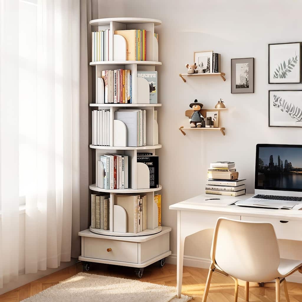360 Degree Rotating Bookshelf Corner Storage Shelf with Drawer for Living Room Bedroom Office