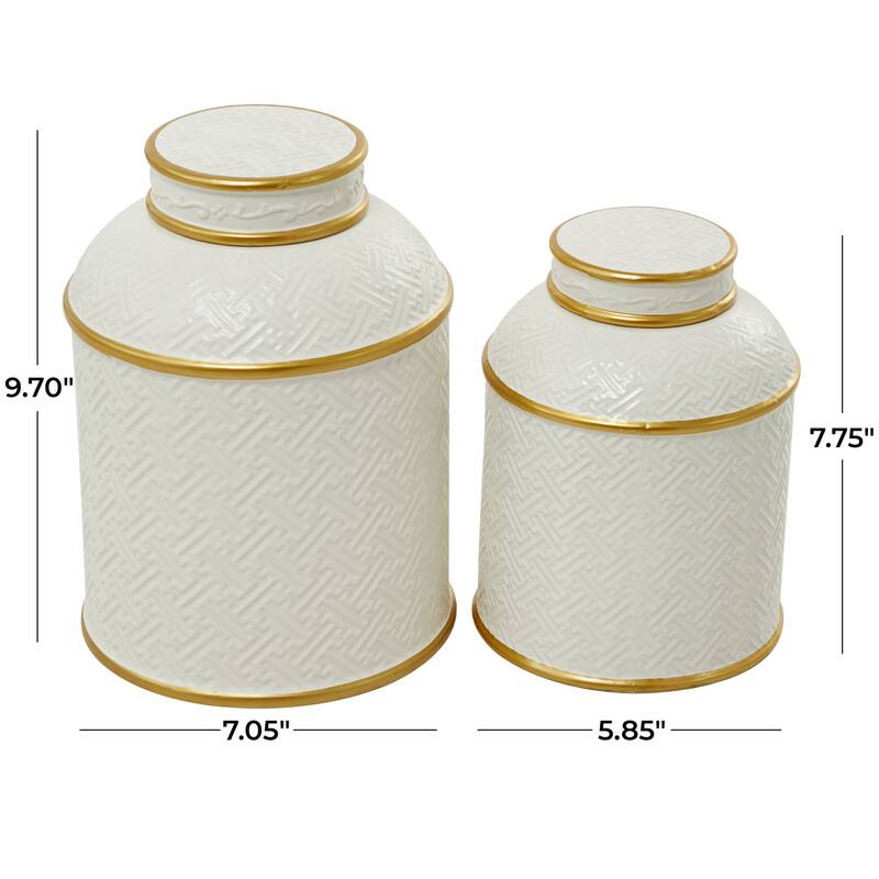 White Ceramic Living Room Decorative Jars with Gold Accents (Set of 2) - S/2 10", 8"H