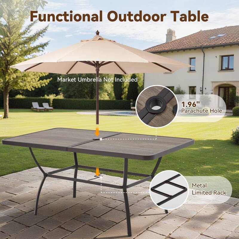 EROMMY Outdoor Dining Set, Swivel Rocking Chairs, Rectangular Table w Umbrella Hole, Patio Furniture Set for Backyard