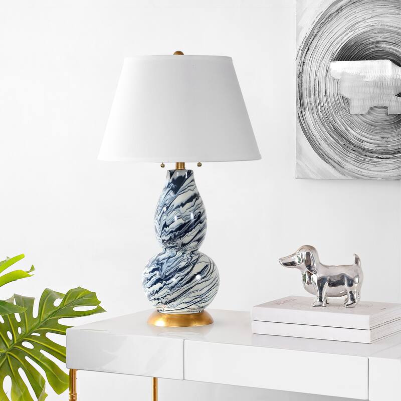 SAFAVIEH Lighting 29-inch Navy and White Color Swirls Glass Table Lamp (Set of 2) - 17"x17"x28"