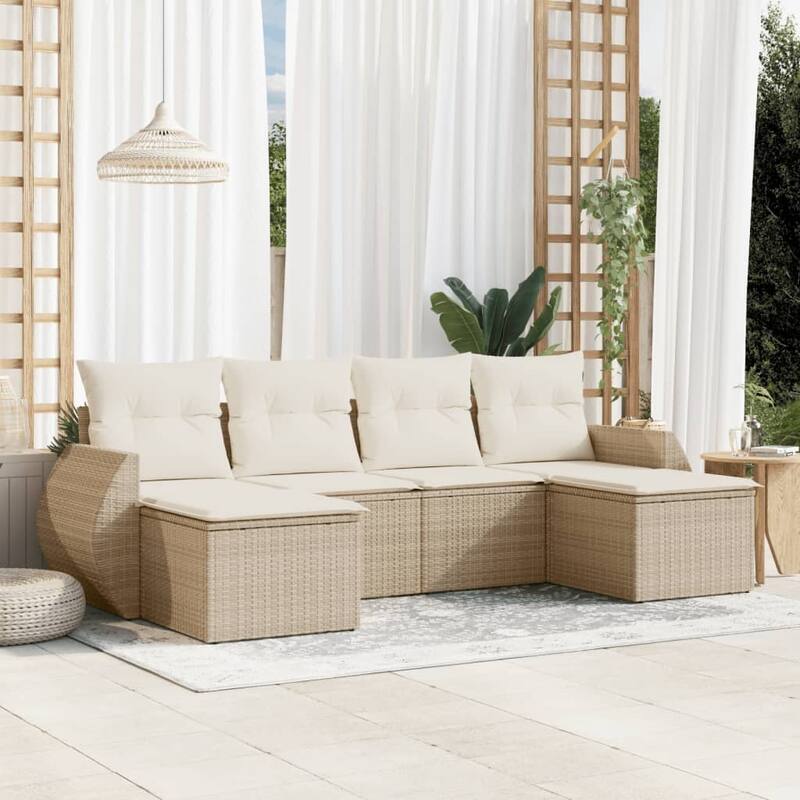vidaXL Patio Sofa Set with Cushions Outdoor Furniture 6 Piece Poly Rattan - 21.7 x 21.7 x 14.6 - Beige and cream