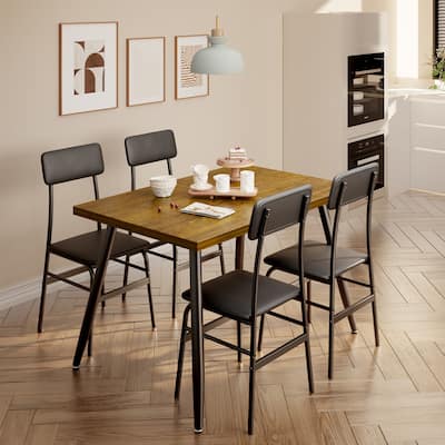 5-Piece Mid-Century Rectangular Dining Table, Industrial Kitchen Table Set with 4 Faux Leather Chairs