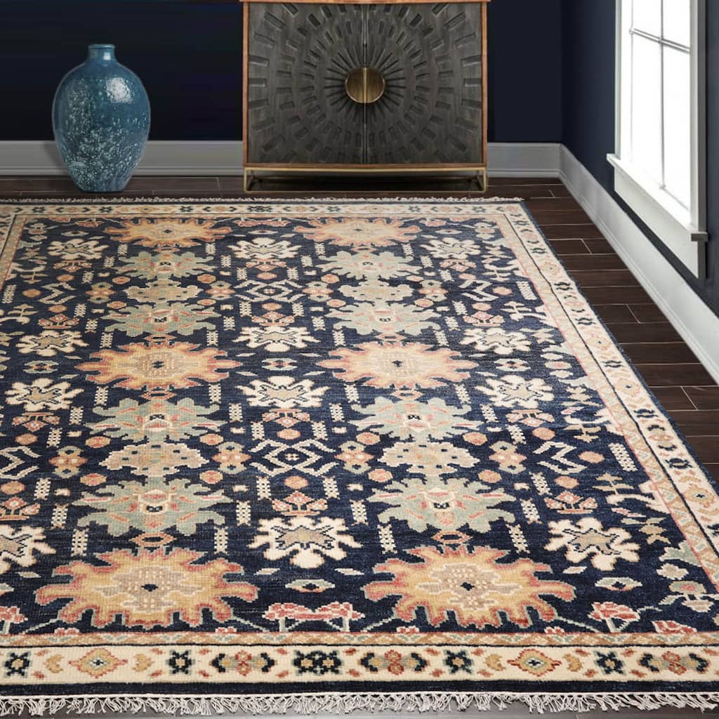 Hand Knotted Oushak Navy Oriental Wool Transitional Oriental Area Rug