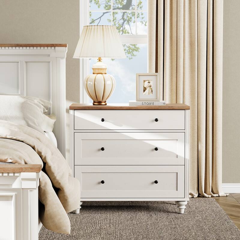 Farmhouse Nightstand with 3 Drawers, 34 inch - White - 3-drawer