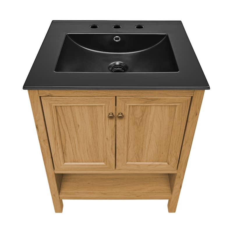 Chteau 24 In. Natural Oak Bathroom Vanity With Black, 3-Hole Ceramic Sink Top