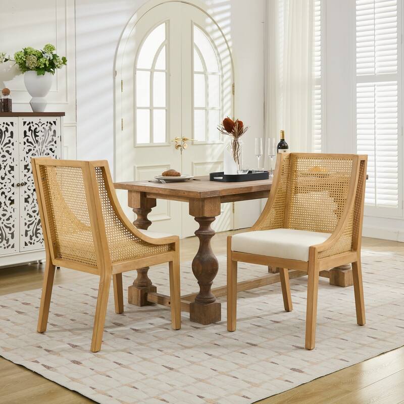 Rattan Dining Chairs, Solid Wood Frame with Decorative Armrests, Linen Upholstered Seat, Wooden Style Side Chairs,Single Pack
