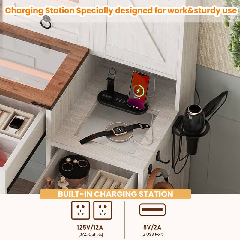 2-Piece Bedroom Makeup Vanity Set with Stool, Farmhouse Glass Top Vanity Desk with Sliding Mirror, Lights and Charging Station